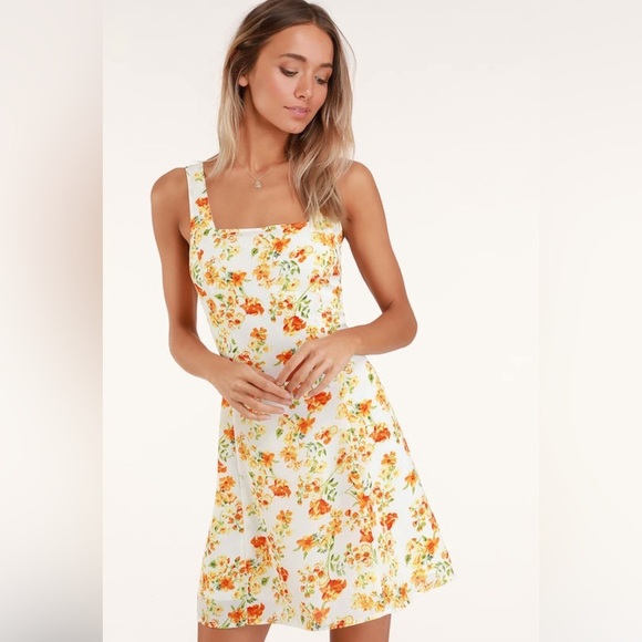 Day Date White and Orange Floral Print Tie-Back Dress XS - Picture 3 of 6